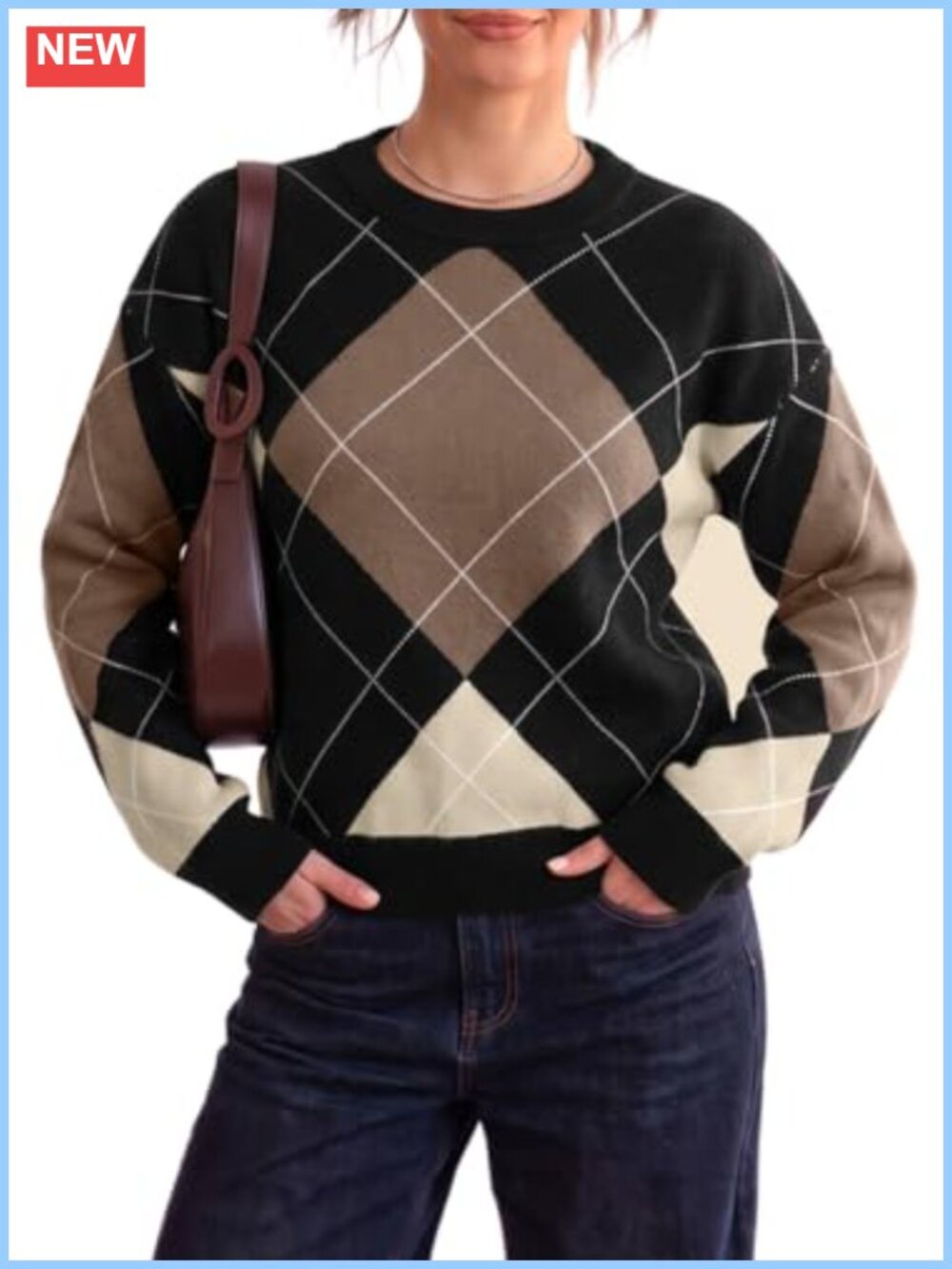 Womens Oversized Argyle Knit Pullover Sweater Dropped Shoulder Crew Neck